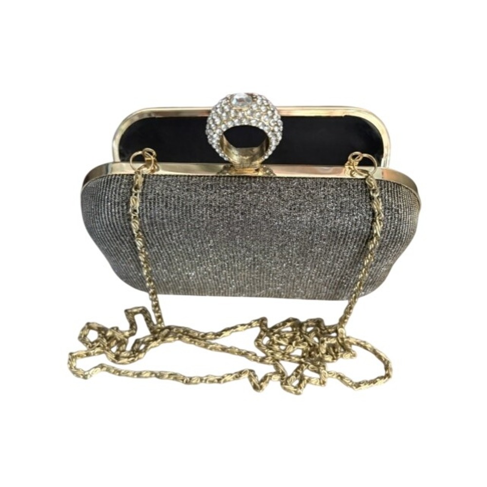 Metallic Shimmer Ring Clasp Evening Clutch Bag with Gold Chain Strap Silver